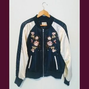 Jolt Floral Embroidered Black Bomber Large Jacket